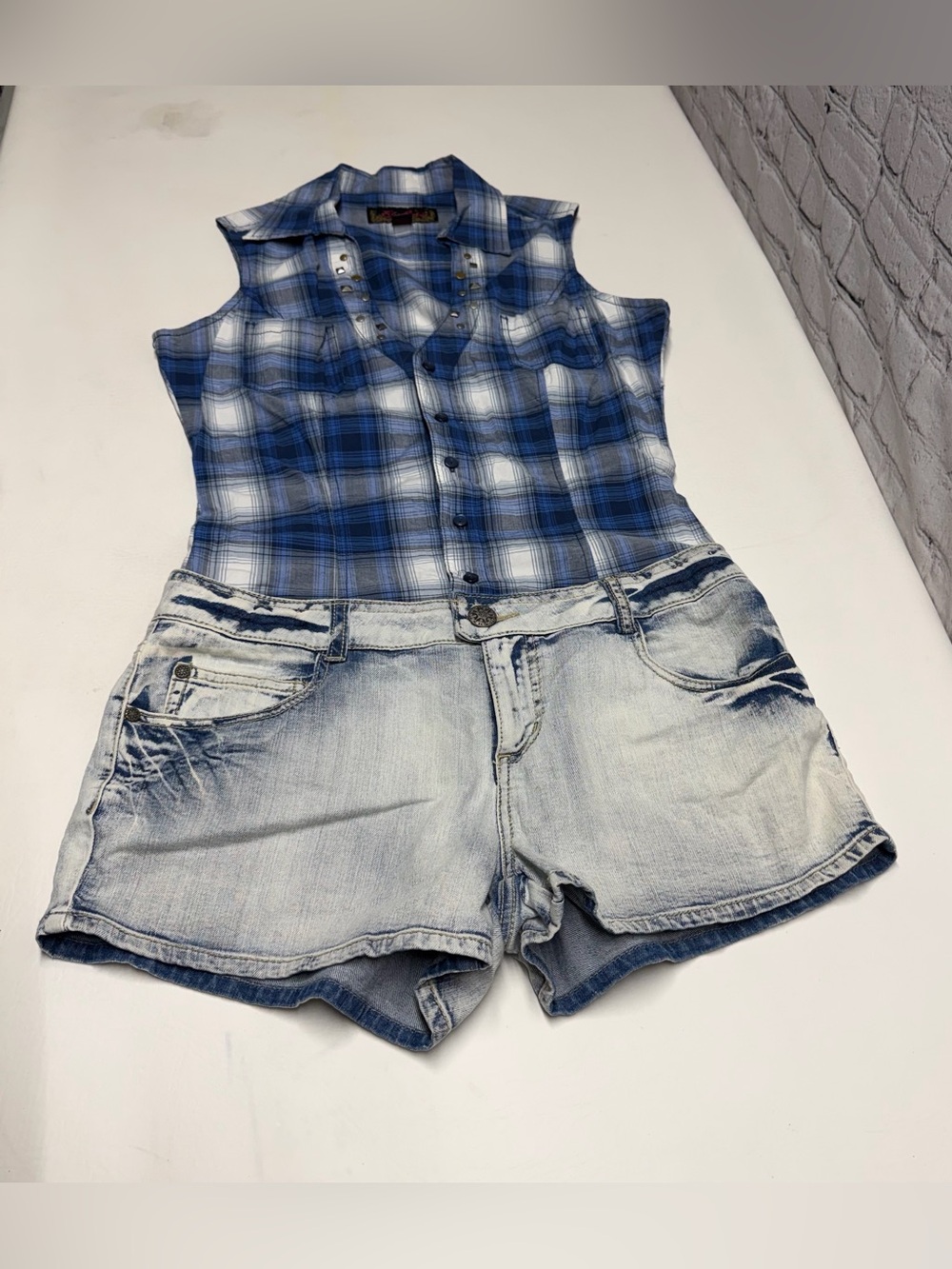 Blue Spice Y2K Blue Plaid Sleeveless Top with Light Wash Denim romper sz11